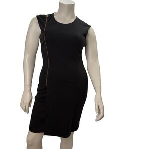 Calvin Klein Black Sheath Midi Dress Sleeveless Gold Zip Office Siren Career 12‎